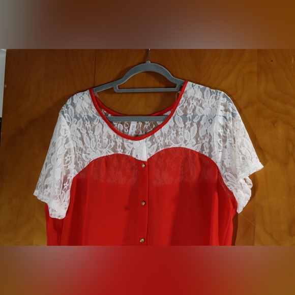 Blue Note red sheer with white lace top, size 2X - Picture 6 of 8